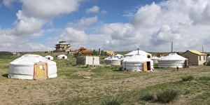 Mongolian Prints: Ger camp and Tsorjiin Khureenii temple in the background, Middle Gobi province, Mongolia