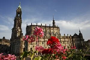 Images Dated 7th June 2009: Geraniums in front of Hofkirche (St. Trinity Cathedral), Old Town, Dresden