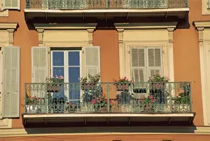 Window Boxes Prints: Detail of geraniums on a wrought iron balcony on an ochre coloured house in the Old Town of Nice