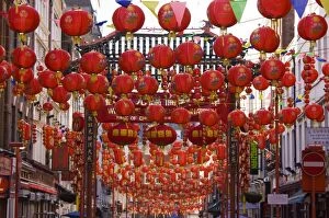 Gerrard Street, Chinatown, during the Chinese New Year celebrations, decorated with colourful Chinese lanterns, Soho