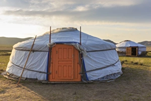 Yurt Prints: Gers on a summer evening, distant mountains, Khogno Khan Uul Nature Reserve, Gurvanbulag