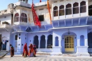 Royalty Prints: Ghats at Holy Pushkar Lake and old Rajput Palaces, Pushkar, Rajasthan, India, Asia