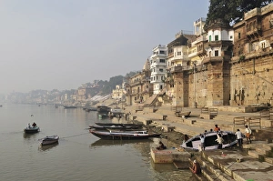 Medium Group Of People Prints: Ghats on the River Ganges, Varanasi (Benares), Uttar Pradesh, India, Asia
