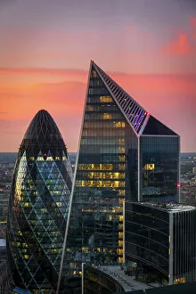 London Gallery: The Gherkin and Scalpel buildings in the City of London at dusk, London, England