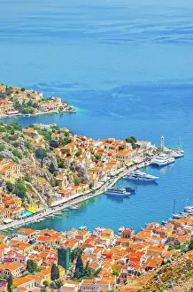 Dodecanese Prints: Gialos harbour, high angle view, Symi Island, Dodecanese Islands, Greece