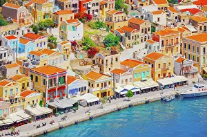 Cafes Prints: Gialos harbour, high angle view, Symi Island, Dodecanese Islands, Greece