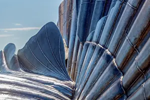 Giant Prints: Detail of giant scallop shell sculpture on the shingle beach at Aldeburgh, United Kingdom