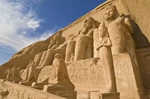 Giant statues of the great pharaoh Rameses II outside the relocated Temple of Rameses II at Abu Simbel