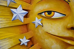 Star Shape Prints: Detail of a giant sunshine made of styrofoam that will appear on a Mardis Gras float