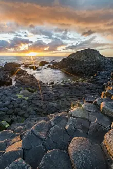 Giants Causeway at sunset, UNESCO World Heritage Site, County Antrim, Ulster, Northern Ireland