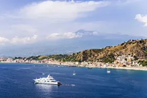 Taormina Prints: Giardini Naxos Bay, luxury yacht in front of Mount Etna Volcano