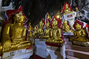 Shan State Prints: Gilded Buddha images in the caves at Pindaya, Shan state, Myanmar (Burma), Asia