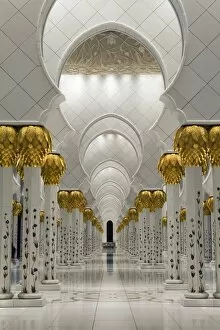 Images Dated 25th January 2010: Gilded columns leading to the main prayer hall of Sheikh Zayed Bin Sultan Al Nahyan Mosque