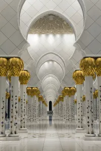 Hall Way Prints: Gilded columns leading to the main prayer hall of Sheikh Zayed Bin Sultan Al Nahyan Mosque