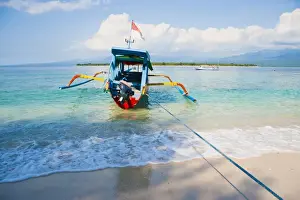 Gili Meno Prints: Gili Meno, a traditional Indonesian boat on Gili Meno with Gili Air and Lombok in the background