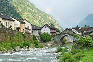 Footbridge Prints: Giornico village on the Ticino River, Canton Ticino, Switzerland