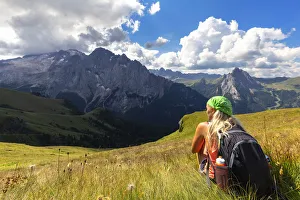 The Great Outdoors Prints: Girl looks Marmolada from Viel del Pan path. Pordoi Pass, Fassa Valley, Trentino