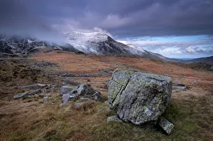 North Wales Prints: Glacial Erratic Boulder backed by the Glyderau Mountains
