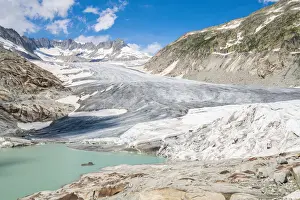 Glaciers Prints: Glacial lake and Rhone Glacier partially protected by blankets to slow melting, Gletsch