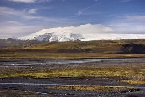 Glacial river valley, Myrdalsjokull glacier in the distance, near Vik, South Iceland