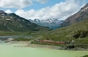 Rolling Landscape Prints: The Glacier Express train near St. Moritz, Canton Graubunden, Swiss Alps