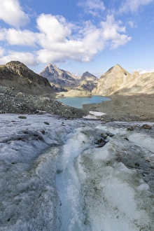 Glacier at the foot of Lej Lagrev, Silvaplana, Engadine, Canton of Graubunden, Switzerland