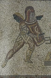 Images Dated 19th April 2010: Detail of a gladiator from carpet border in mosaic dating from 350 AD, Roman Villa