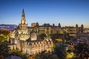 Townscape Prints: Glasgow Cathedral and Royal Infirmary at dusk, Glasgow, Scotland, United Kingdom, Europe