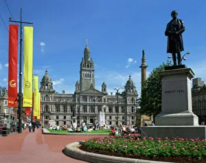 Squares Prints: Glasgow Town Hall and monument to Robert Peel, George Square, Glasgow, Strathclyde