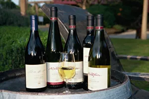 Glass Prints: Glass and bottles of wine on barrel