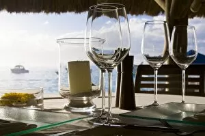Glasses on a table of the Beachcomber Le Paradis five star hotel, Mauritius