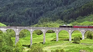 Sights Prints: Glenfinnan Viaduct shows a steam train crossing the iconic bridge in the Scottish Highlands on a clear day amid green