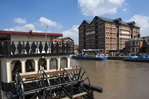 Gloucester Prints: Gloucester Historic Docks, Dock Basin with paddle steamer, former warehouses, Gloucester
