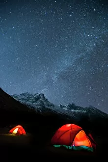 Glowing Gallery: Glowing tents at Samogaon on the Manaslu circuit trek, Himalayas, Nepal, Asia