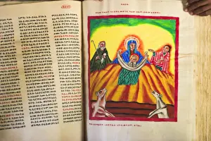 Goatskin manuscript said to be 2000 years old showing the birth of Jesus with animals blowing on him to keep him warm, church of Abuna Aftse, on site of a 6th century church, Yeha, Aksum