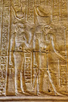 Hieroglyph Prints: Goddess Hathor on the left with God Horus on right, Bas Reliefs, Sanctuary of Horus