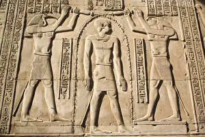 Hieroglyph Prints: Gods Thoth on left and Haroeris on right with the Pharaoh in the centre, Wall Reliefs