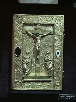Black Background Prints: Gold book binding dating from the 16th century showing Christian scene of crucifixion