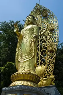 Korean Prints: Golden Buddha in the fortress of Suwon, UNESCO World Heritage Site, South Korea, Asia