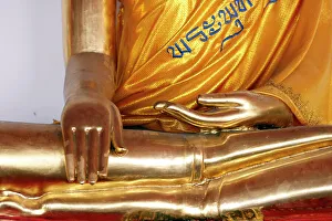 Hand Prints: Golden Buddha statue, earth witness gesture