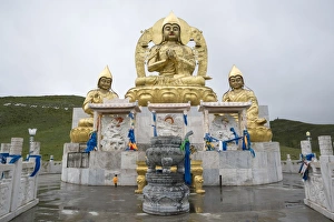 Mongolian Prints: Golden Buddhist statues above Amarbayasgalant Monastery