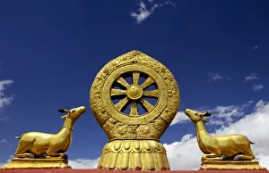 A golden dharma wheel and deer sculptures on the sacred Jokhang Temple roof, Barkhor Square, Lhasa, Tibet, China