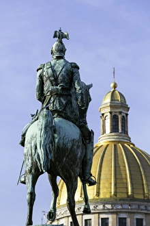 Golden dome of St. Isaacs Cathedral, built in 1818, and the equestrian statue of