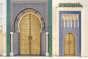 Moroccan Prints: Golden doors and ornate mosaic wall on the Royal Palace of Fez (Dar el Makhzen), Fez