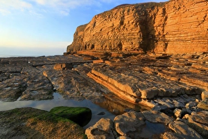 Pools Prints: Golden evening light on the cliffs in winter at Dunraven Bay