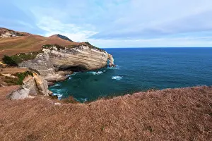 Zealand Prints: Golden fields stretch to cliffs and blue ocean at Cape Farewell in New Zealand's South Island