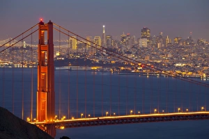 Suspension Bridge Prints: The Golden Gate Bridge and San Francisco skyline at night