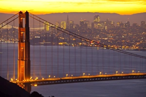 San Francisco Prints: The Golden Gate Bridge and San Francisco skyline at sunrise