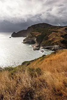 Zealand Prints: Golden headlands and cliffs meet the ocean at Cape Farewell overlooking Golden Bay in South Island New Zealand