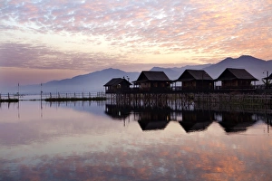 Stilt House Prints: Golden Island Cottages at sunrise, tourist accommodation on Inle Lake, Myanmar (Burma)